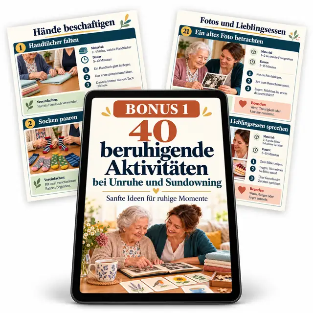 Bonus 1: 40 beruhigende Aktivitäten bei Unruhe und Sundowning, auf dem Tablet und mit Innenseiten